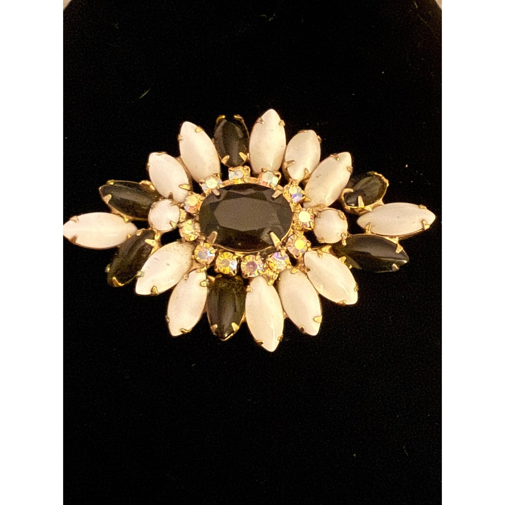 Vintage Milk Glass Black Stone Aurora Borealis AB Rhinestone Gold Tone Brooch
